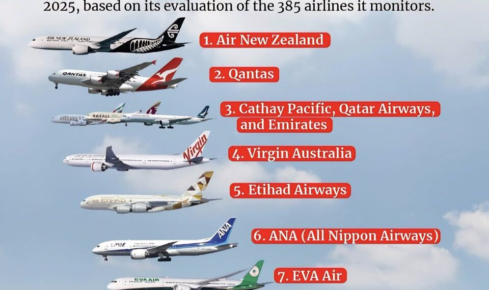 Top 10 Safest Full-Service Airlines in the World (2025) 

1.  Air New Zealand
2.