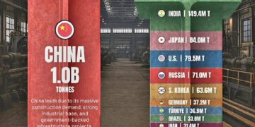 Top 10 Steel-Producing Countries in 2024 

1.  China – 1.0B Tonnes 
2.  India –