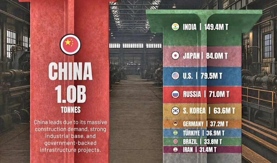 Top 10 Steel-Producing Countries in 2024 

1.  China – 1.0B Tonnes 
2.  India –
