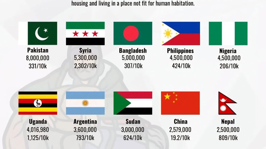 Top 15 Countries with the Most Homeless People 

1.  Pakistan – 8.0M (331/10k)
2