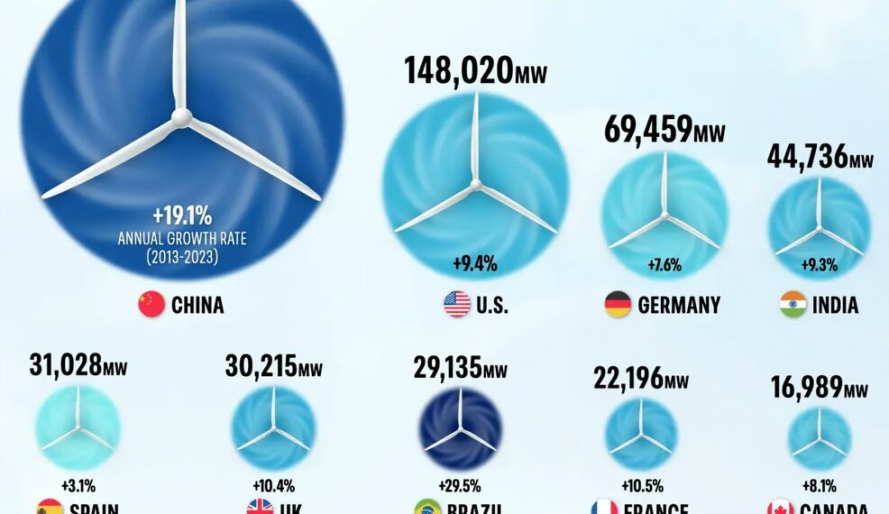 Top 15 Countries by Wind Installations 

1.  China – 441,895 MW
2.  U.S. – 148,0