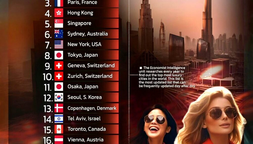 Top 20 Most Luxurious Cities in the World

1.  Dubai, UAE
2.  Los Angeles, USA
3