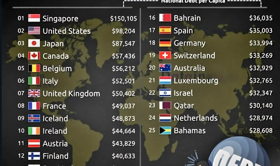 Top 25 Countries with the Highest National Debt per Capita 

1.  Singapore – $15