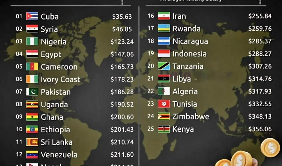 Top 25 Countries by Lowest Monthly Net Salary (After Tax)

1.  Cuba – $35.63
2.