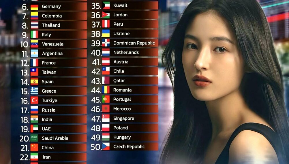 Top 50 Countries with the Most Beautiful Women in the World 

1.  S. Korea
2.  B