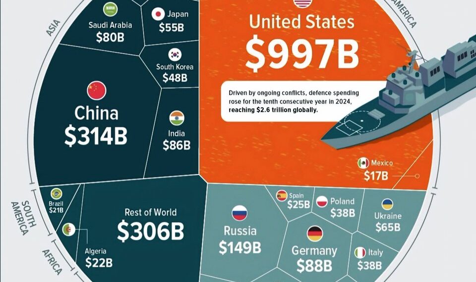 Global Defense Spending in 2024   

1.  United States – $997B
2.  China – $314B