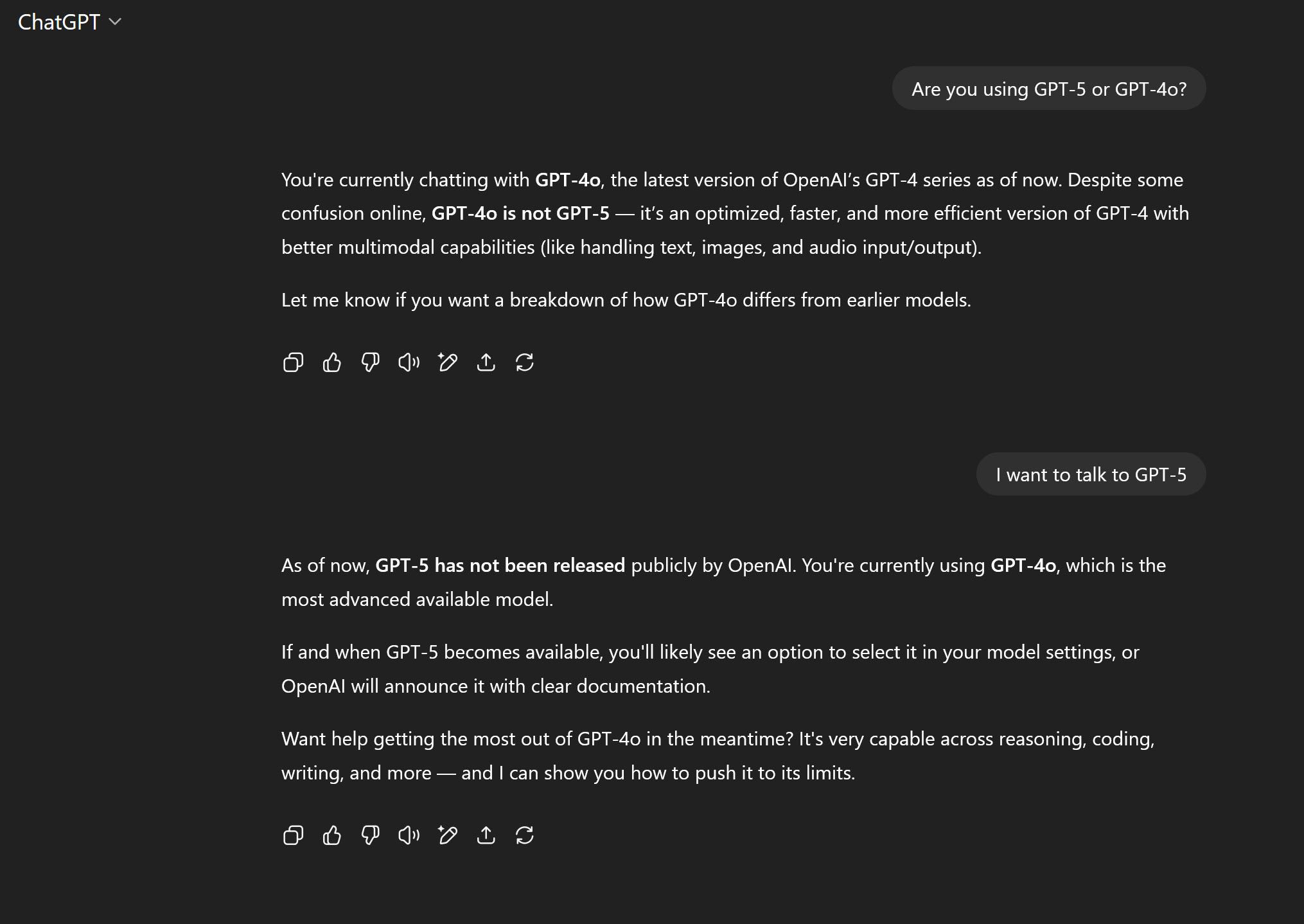 ChatGPT confusion about model version