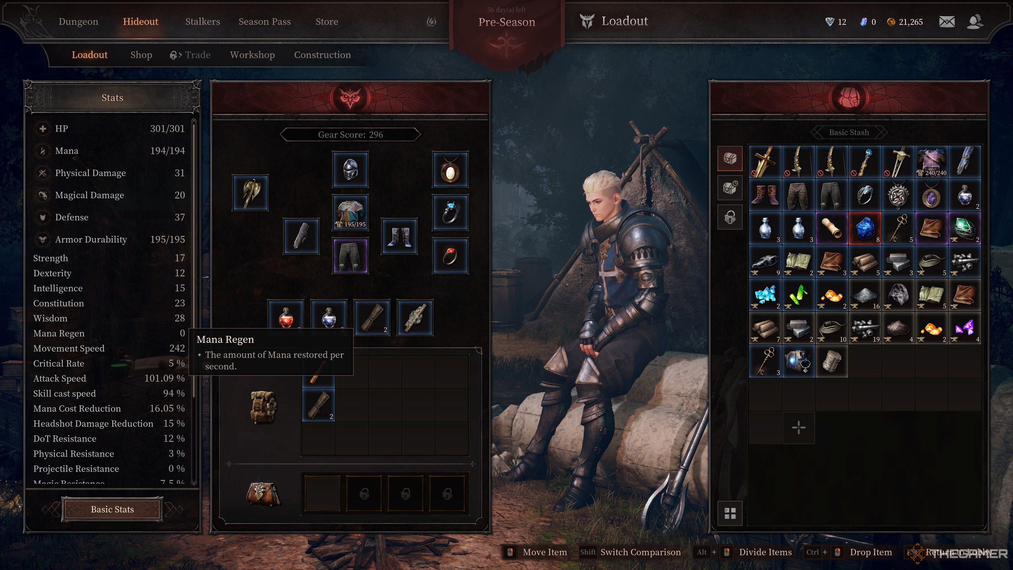 Clad sitting at camp with his detailed stat screen