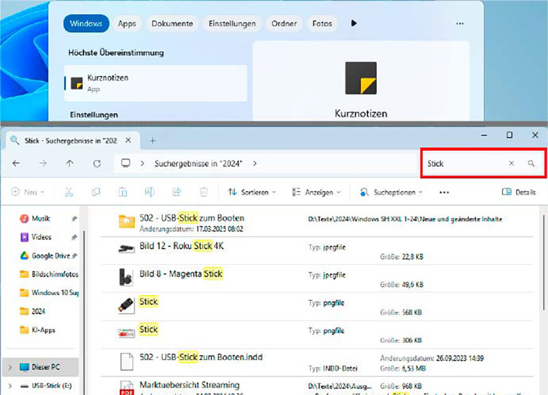 While the Windows search via the Start menu often fails to find the file (top), the traditional File Explorer search usually succeeds.