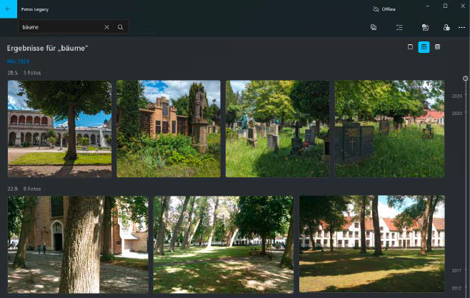 Microsoft Photos Legacy analyzes images, tags content and subjects automatically, and supports fast search.