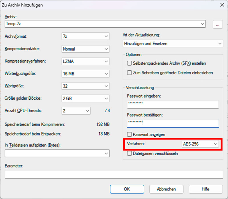 Use 7-Zip to quickly encrypt files on a USB drive with AES-256. Name the archive and set a strong password.