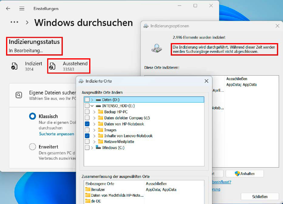 The desktop search also includes external and network drives, but indexing large datasets can take some time, as Windows indicates.