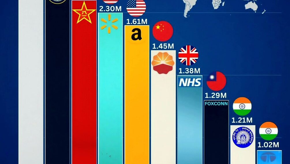 Top 10 Largest Employers in the World

1.  Ministry of Defence - 2.99M
2.  Depar
