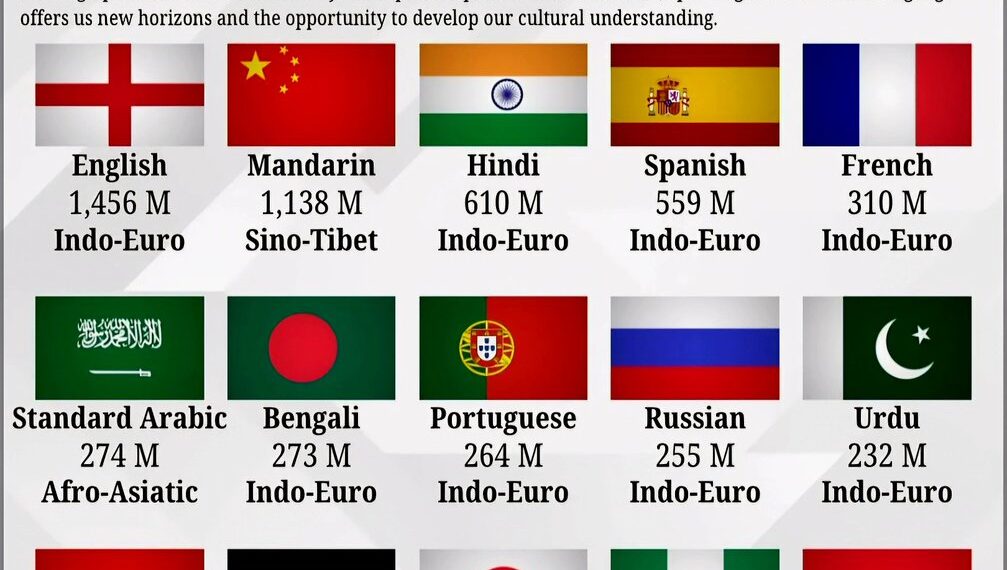 Top 15 Most Spoken Languages 

1.  English, 1,456M 
2.  Mandarin, 1,138M 
3.  Hi