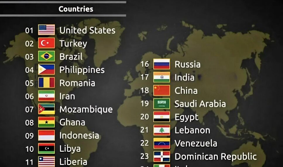 Top 25 Countries with the Worst Drivers  

1.  United States
2.  Turkey
3.  Braz