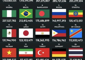 Top 25 Most Populous Countries in The World 2025

1.  India - 1,463,865,525 (1.4