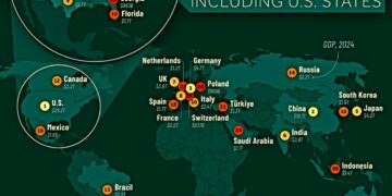 Top 30 Economies (including U.S. States)  

1.  U.S. - $29.2T
2.  China - $18.7T