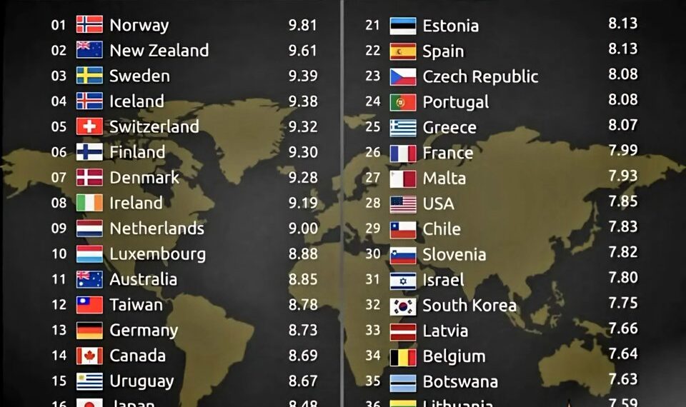 Top 40 Most Democratic Countries in the World 

1.  Norway
2.  New Zealand
3.  S