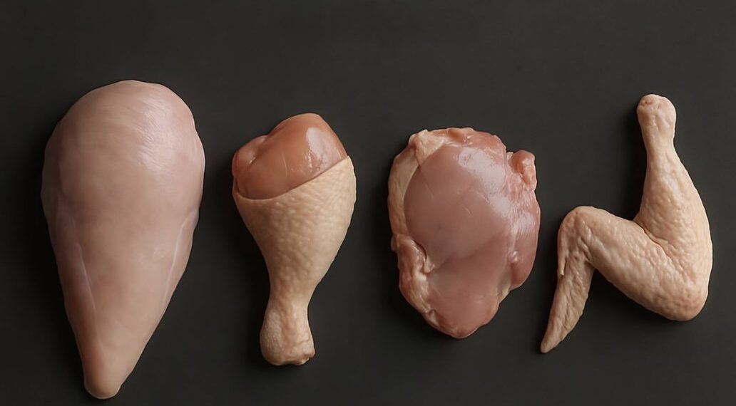 Calories & Macros in 100 Gram Chicken Cuts 

1.  Breast
Calories: 114
Protein: 2