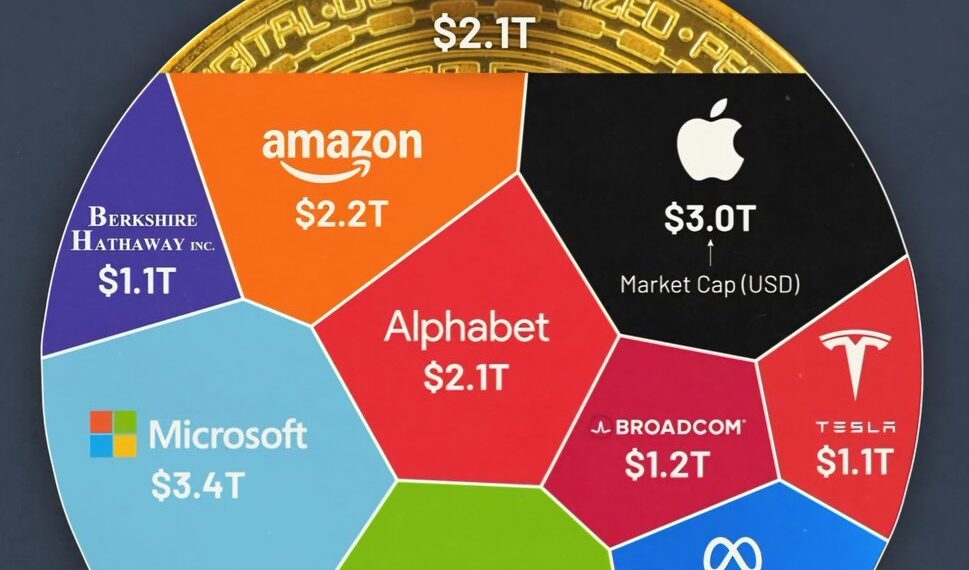 Top Companies & Bitcoin by Market Cap  

1.  NVIDIA – $3.5T
2.  Microsoft – $3.4