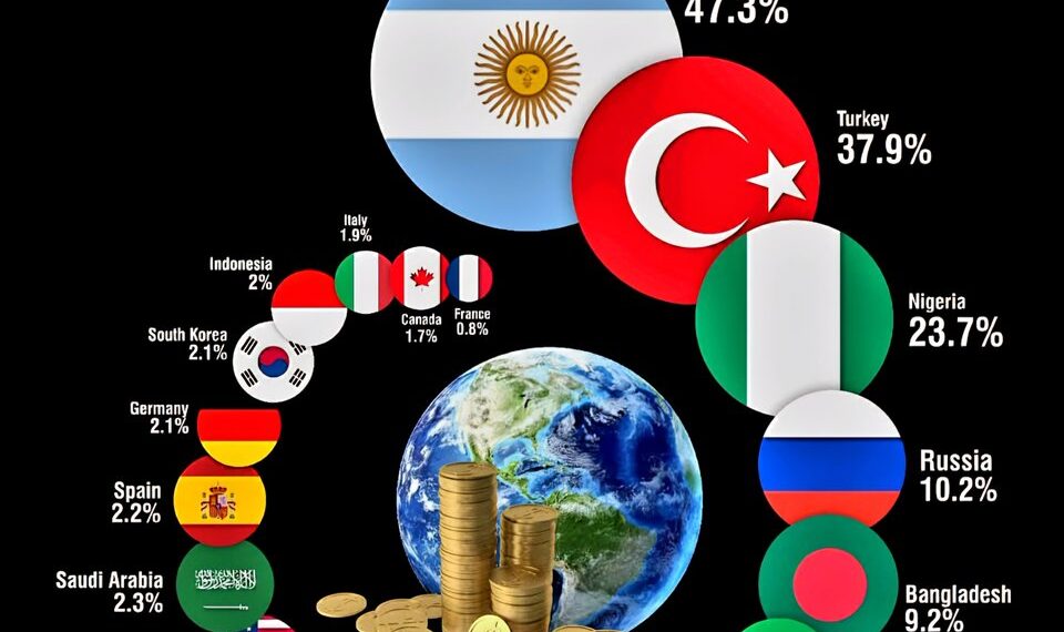 Global Inflation Rates in April 2025  

1.  Argentina - 47.3%
2.  Turkey - 37.9%