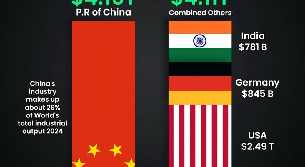 China vs India, Germany and USA Manufacturing Output

1.  China - $4.16T 
    (2