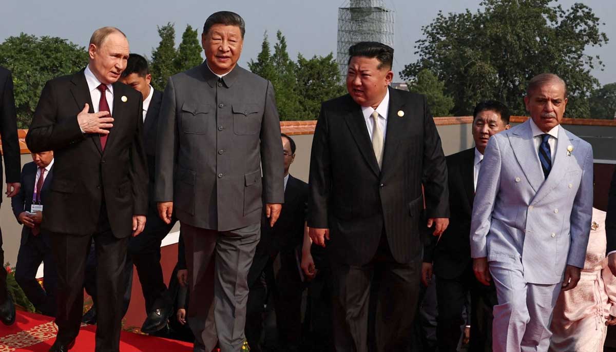 PM Shehbaz Sharif with Chinese President Xi Jinping and Russian President Vladimir Putin during the military parade at Tiananmen Square on September 3, 2025 — AFP