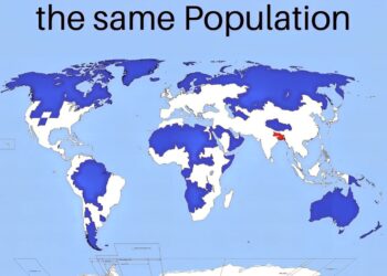 Blue and Red Areas have the Same Population:

 Red Area : 5% of world population