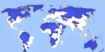 Blue and Red Areas have the Same Population:

 Red Area : 5% of world population