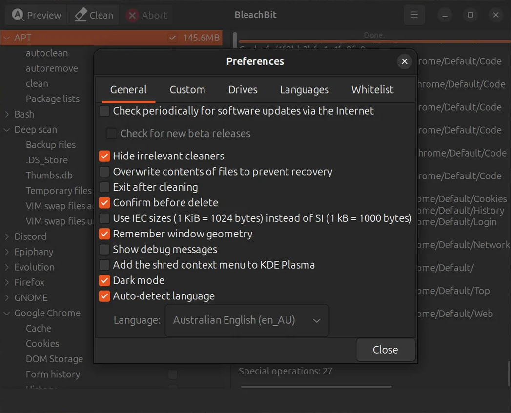 BleachBit 5.0 settings