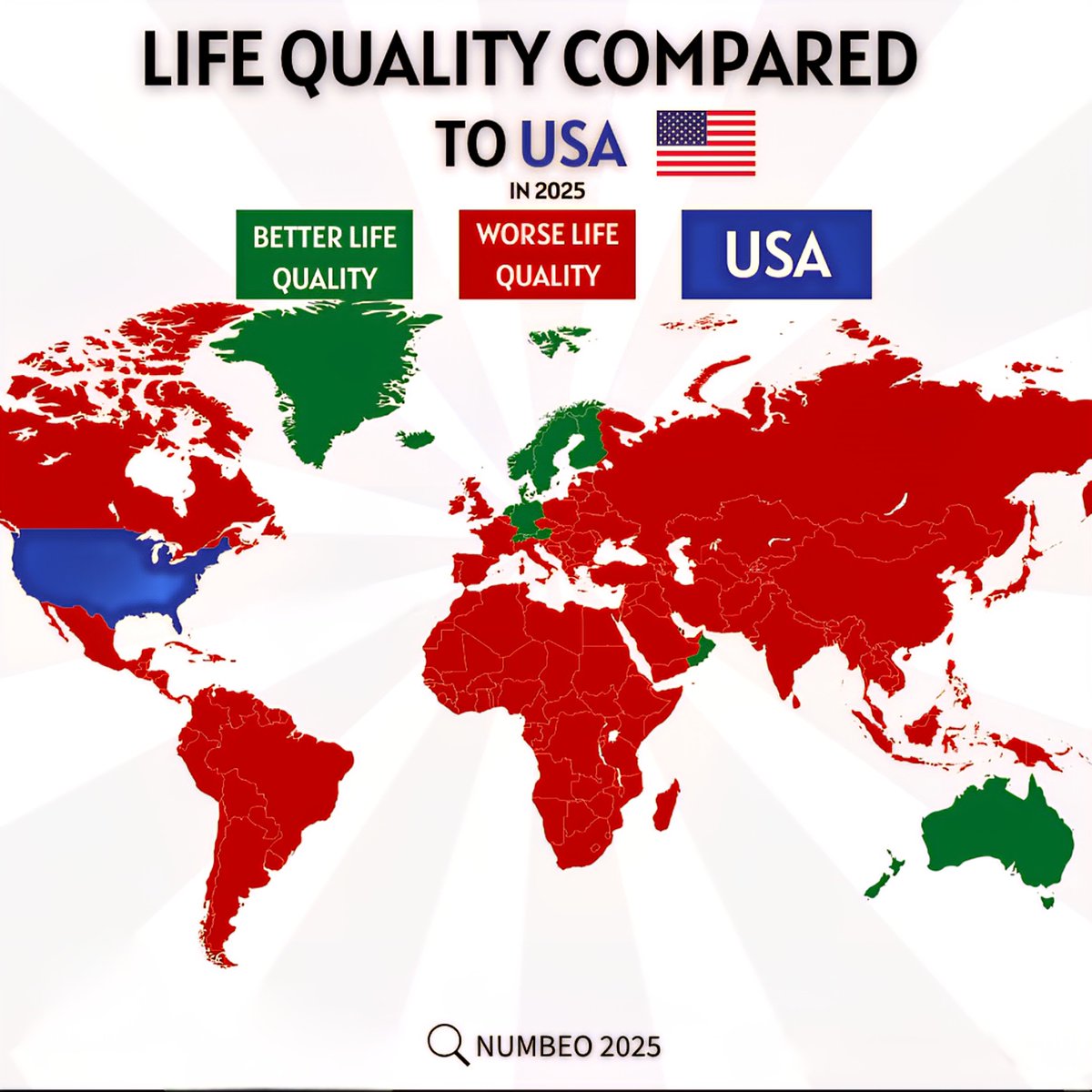 World Life Quality Compared to USA 2025
