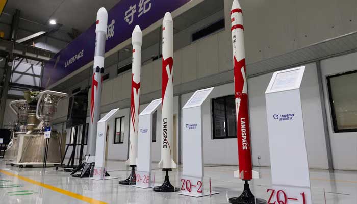 Various models of space rockets and engines built by China’s private company LandSpace displayed at its factory in Huzhou, Zhejiang province, China on December 17, 2025. — Reuters