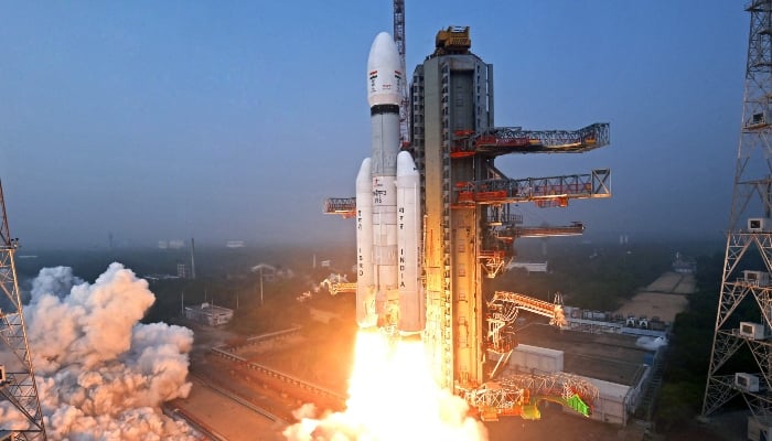 This handout photograph, taken and released on December 24, 2025, by the Indian Space Research Organisation (ISRO) shows ISRO's launch vehicle LVM3-M6 carrying the United States' next-generation BlueBird Block-2 communication satellite of AST SpaceMobile lifting off from the launch pad at the Satish Dhawan Space Centre in Sriharikota, Andhra Pradesh, India. — AFP