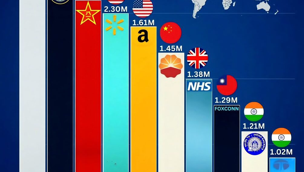 Top 10 Largest Employers in the World
1. Ministry of Defence - 2.99M
2. Depar