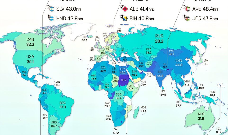 The World's Hard Working Countries 
(Average Weekly Hours Worked)

 Bhutan - 54.