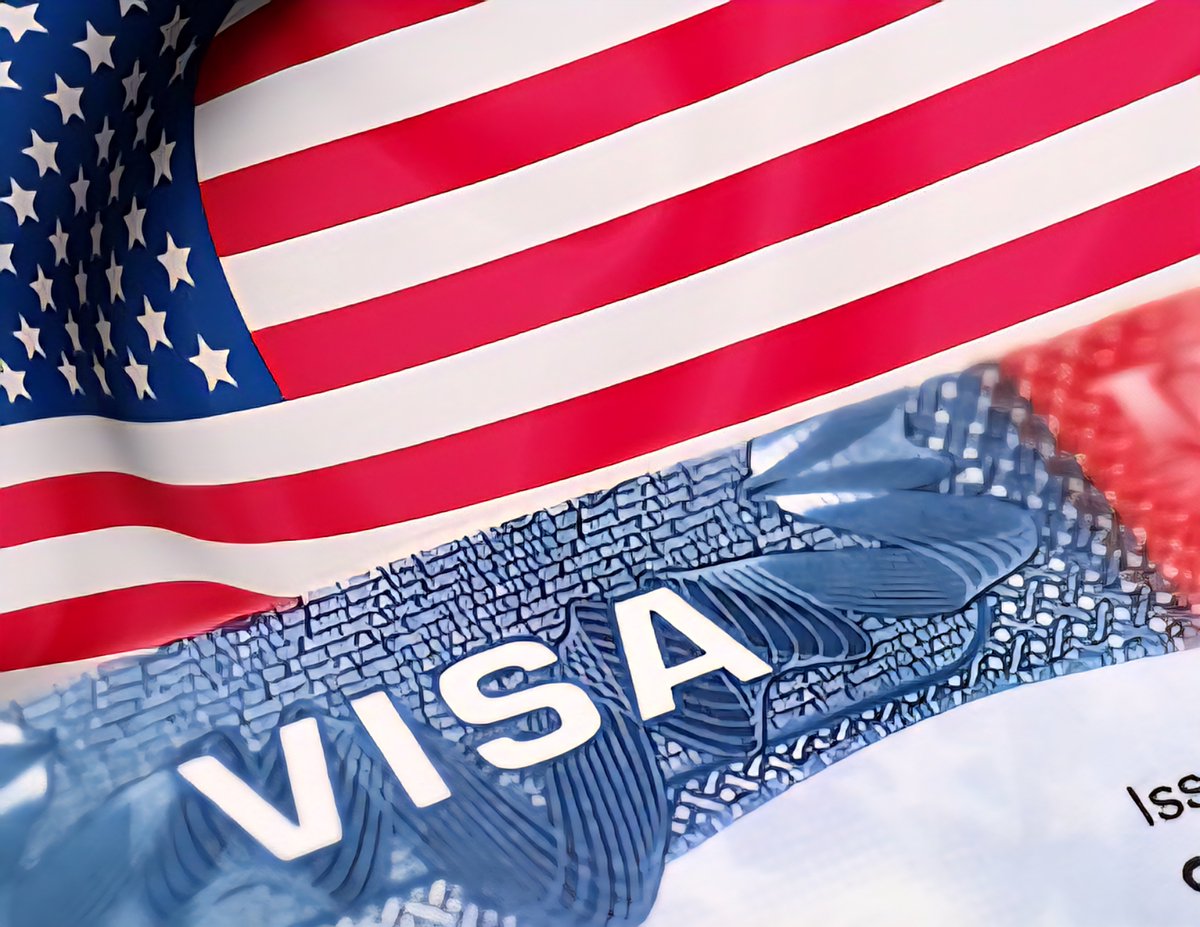 Image of a US visa document with an American flag in the background
