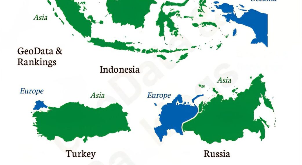 Countries in Two Continents

1.  Russia - Europe + Asia
2.  Turkey - Europe + As