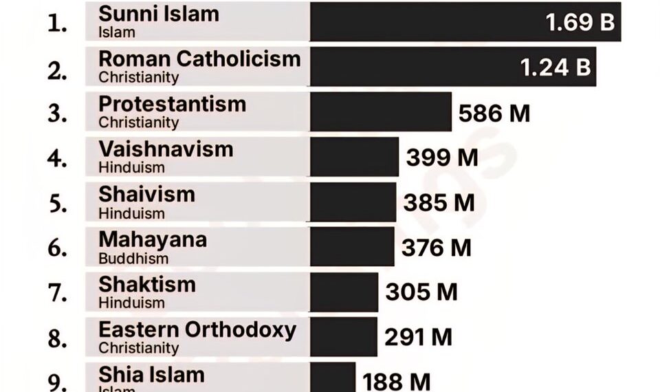 Top 10 Largest Religions Around the World

1.  Sunni Islam - 1.69 Billion
2.  Ro