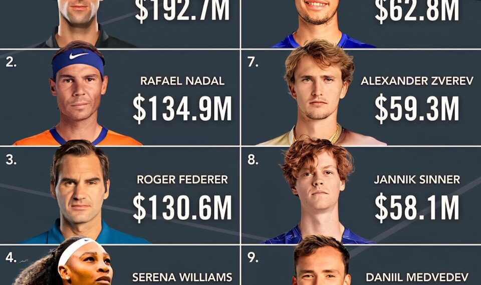 Top 10 Tennis Players by All-Time Career Prize Money 

1.  Novak Djokovic - $192