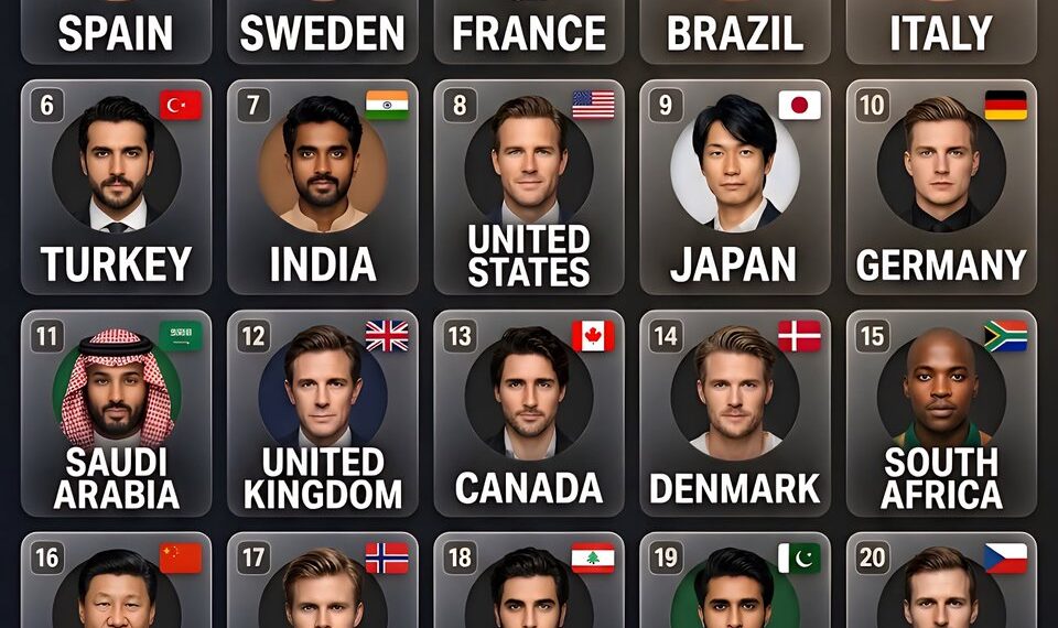 Top 25 Countries with the Most Handsome Men in the World

1.  Spain
2.  Sweden
3