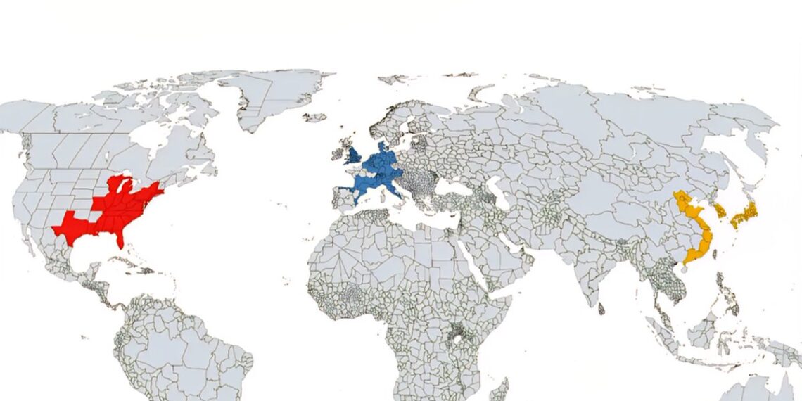Half of the World’s GDP Comes From These 3 Regions 

 Red : United States

 Yell