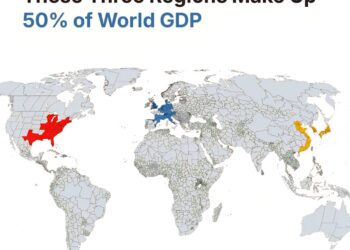 Half of the World’s GDP Comes From These 3 Regions
Red : United States
Yell