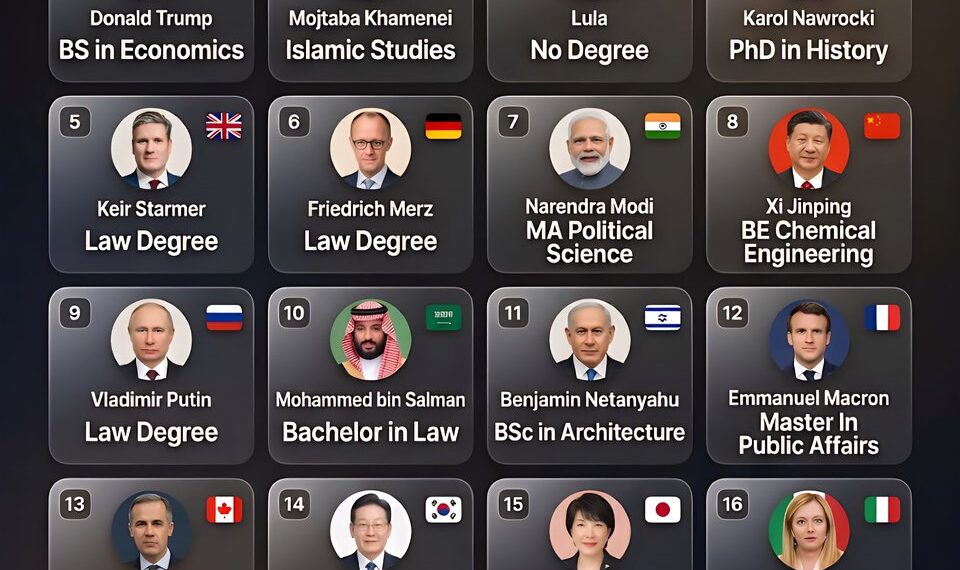 Education of World Leaders 

1.  Donald Trump - BS in Economics
2.  Mojtaba Kham