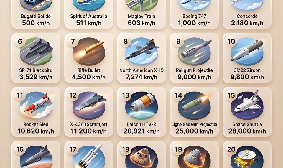 Fastest Man-Made Objects
Bugatti Bolide – 500 km/h
Spirit of Australia – 511