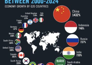 G20 Countries GDP Growth (2000–2024) 

1.  China - 1432%
2.  Indonesia - 746%
3.