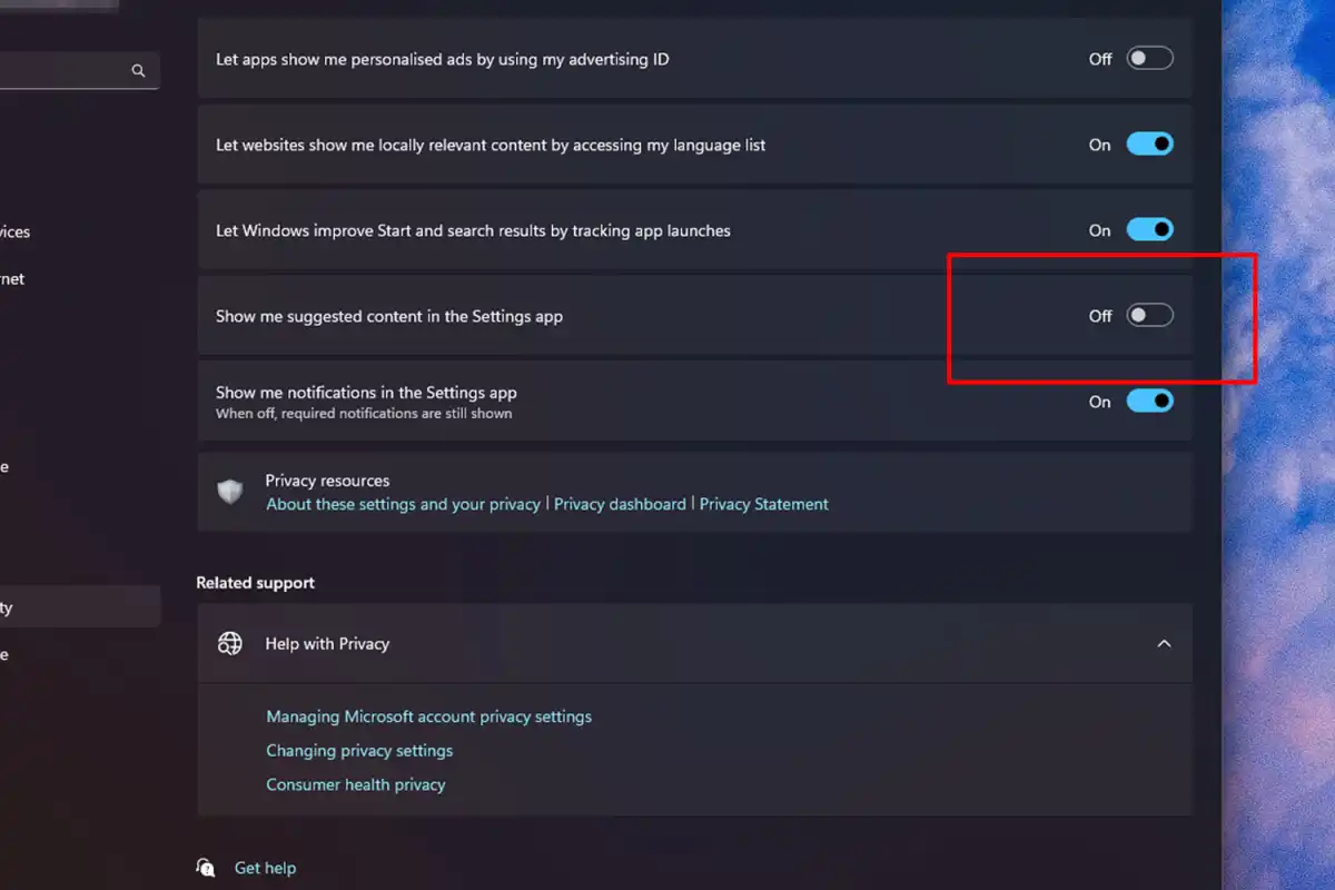 Disable suggested content in Windows Settings