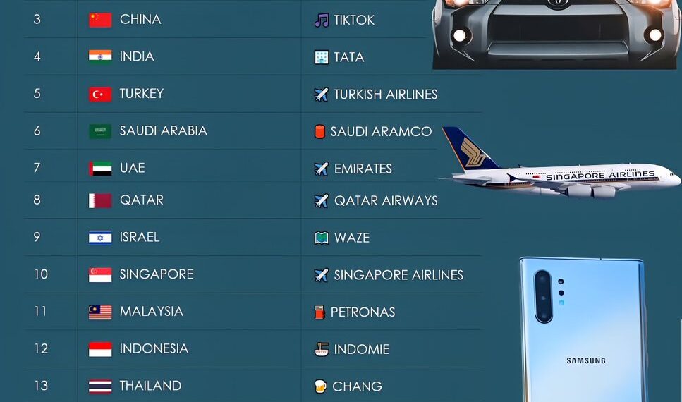 Most Famous Brands from Asian Countries

1.  Japan - Toyota  
2.  South Korea -