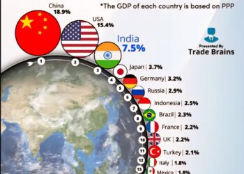 Top 20 Economies by GDP Share (Based on PPP)

1.  China - 18.9%
2.  United State