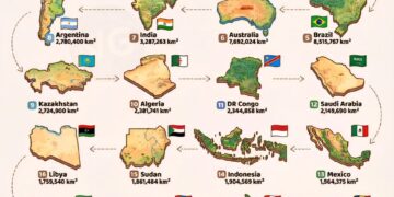 Top 25 Largest Countries in the World 

1.  Russia - 17,098,242 km²  
2.  Canada