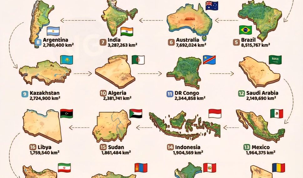 Top 25 Largest Countries in the World 

1.  Russia - 17,098,242 km²  
2.  Canada